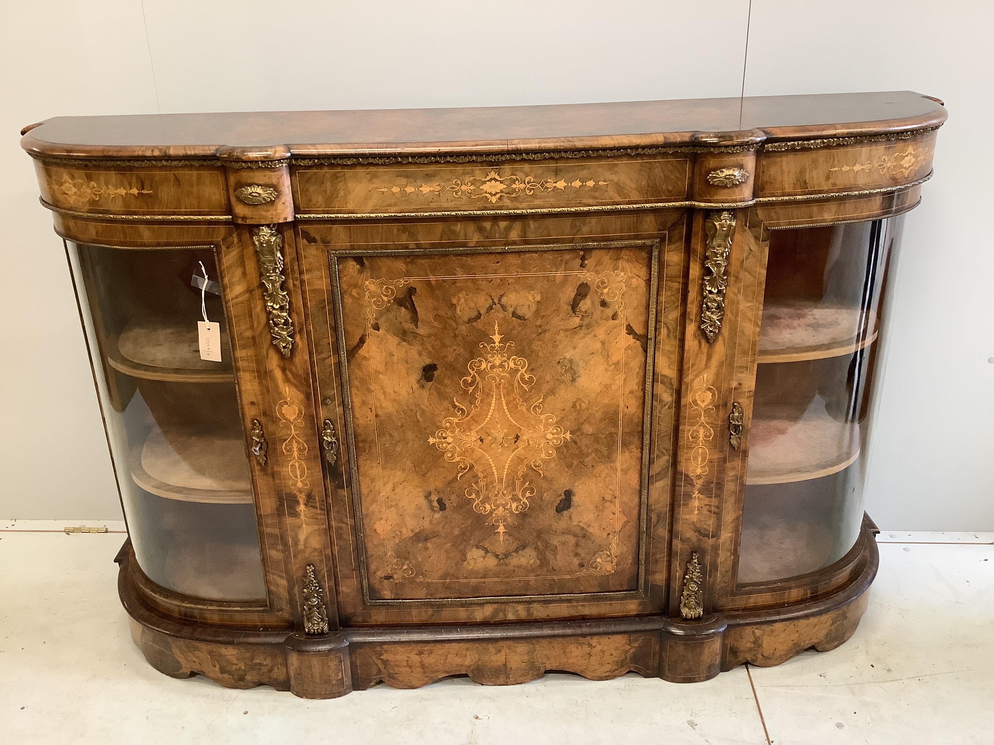 A Victorian gilt metal mounted marquetry inlaid figured walnut credenza, width 156cm, depth 43cm, height 104cm